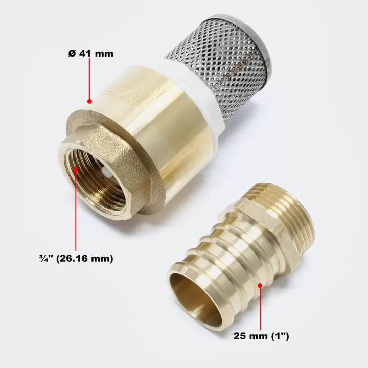 Sorb cu supapa de sens, din alama si sita inox 3/4" cu racord de furtun de 1 "